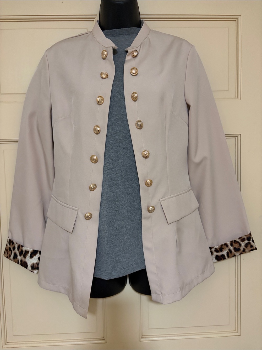 SHEIN Cream Military-Style Jacket with Gold Buttons and Leopard Cuff